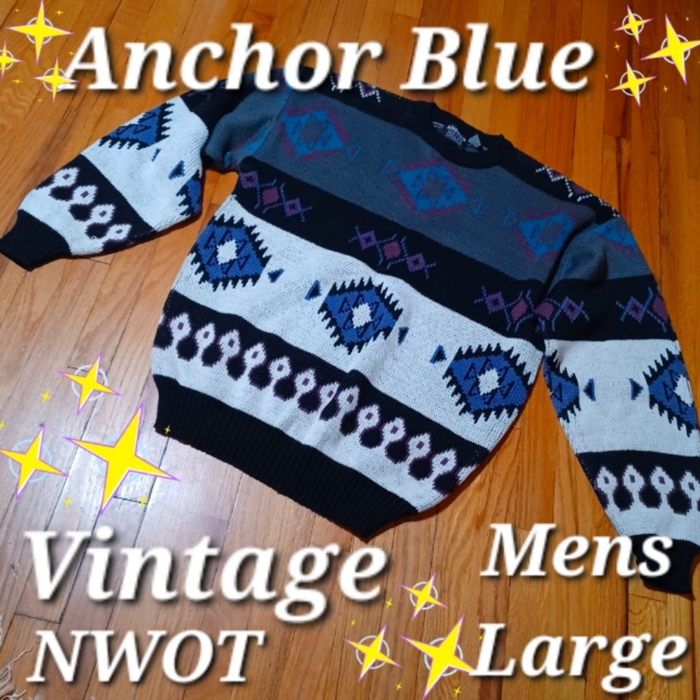 Vintage Anchor Blue Men's Sweater  with an Aztec-inspired design NWOT